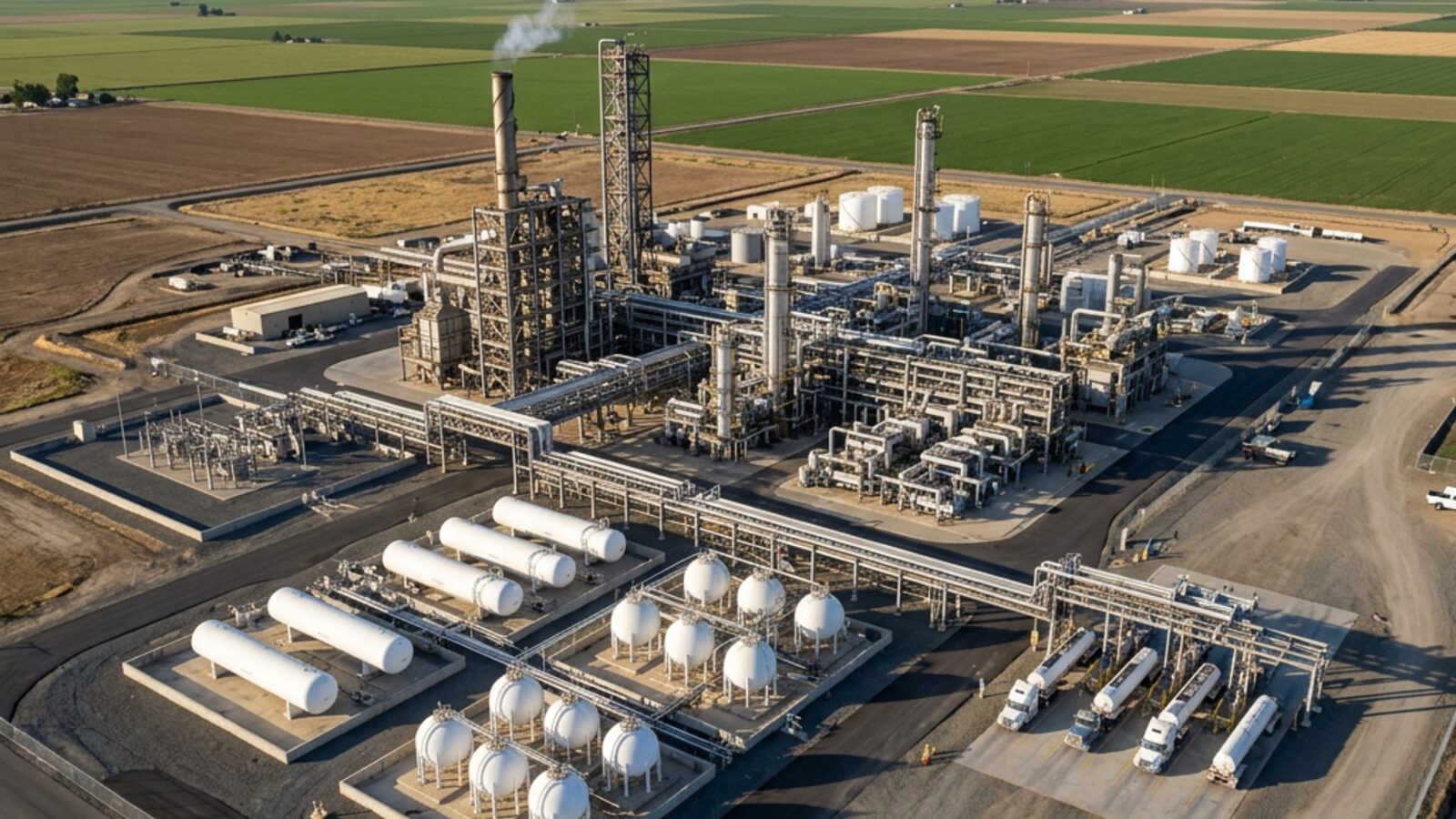 Aerial view of a large industrial chemical manufacturing facility with storage tanks, process towers, and pipeline infrastructure set against agricultural fields
