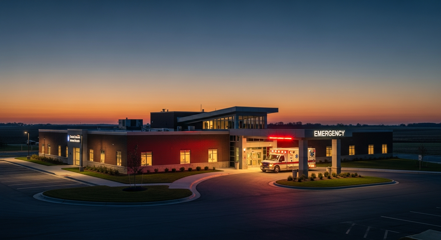Ground view at dusk of a modern single-story rural Critical Access Hospital with a lit emergency entrance, an ambulance at the canopy, and open countryside beyond