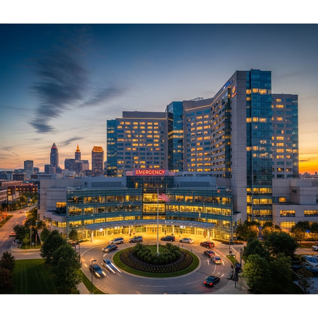Cleveland, Ohio skyline with major hospital campuses of the Cuyahoga County acute care market