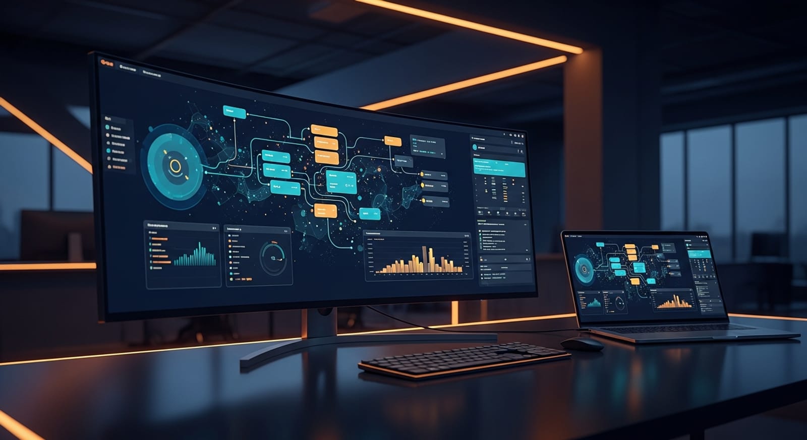 Analytics command center showing linked financial dashboards representing Wert-Berater's model-driven online project platform