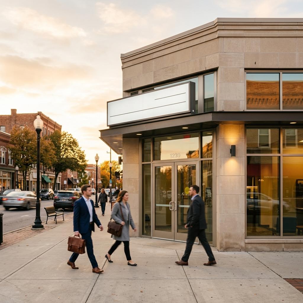 Exterior of a community bank branch at golden hour, representing the FDIC-insured institutions that originate SBA and USDA guaranteed loans