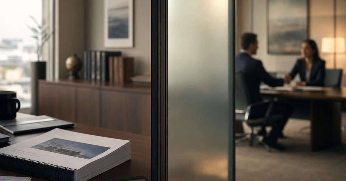 A quiet analyst&rsquo;s desk holding a printed feasibility report, separated by a glass partition from a lending office where a transaction is being closed