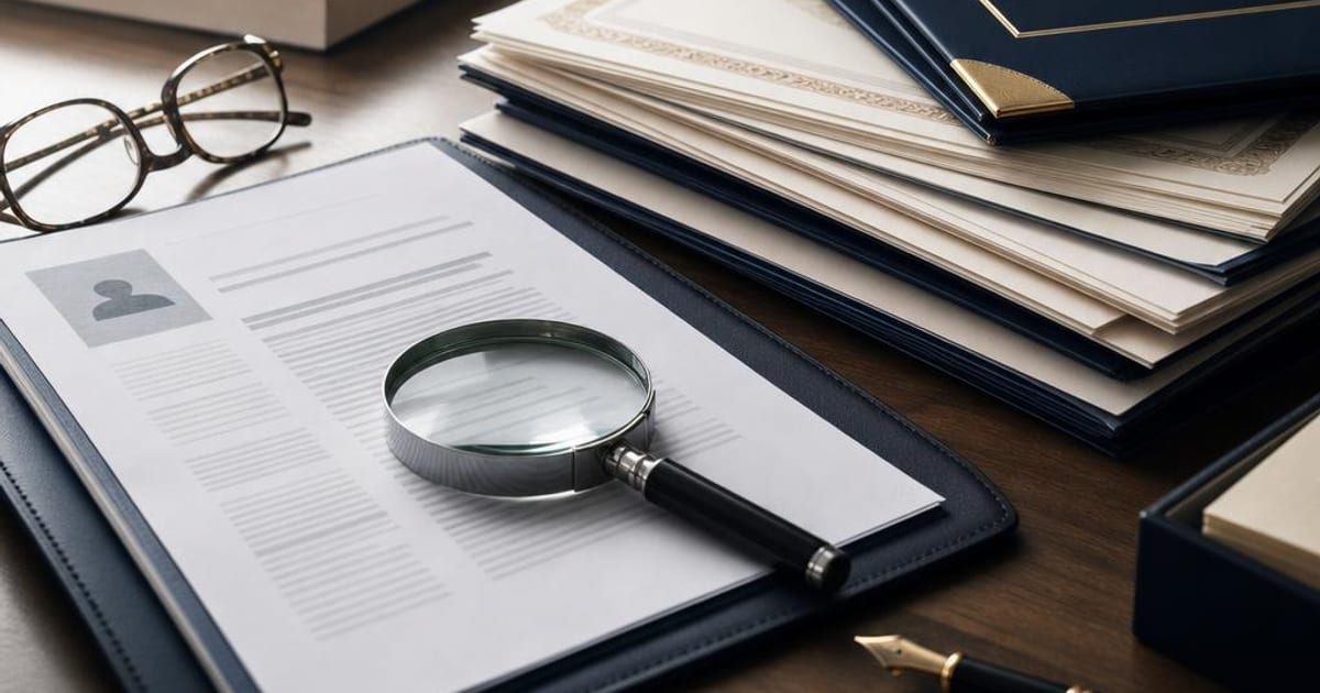 Credential documents, a printed CV and a magnifying glass on a lender’s desk, representing verification of a feasibility study consultant’s degrees and experience