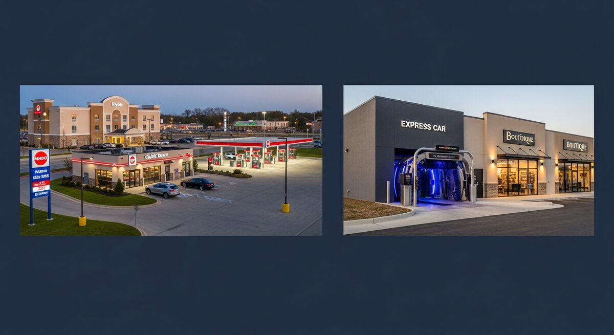 Split view of a branded franchise commercial strip — limited-service hotel, quick-service drive-thru, and fuel/convenience station — beside an independent owner-operated express car wash and boutique storefront at golden hour