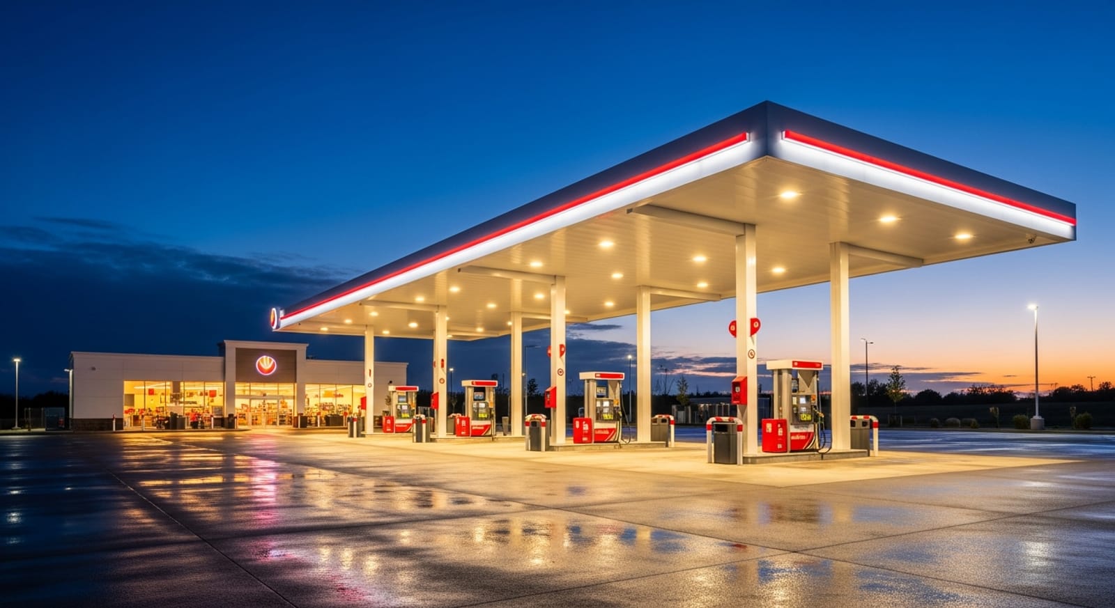 Modern high-throughput fuel and convenience-store forecourt at dusk representing state-by-state gas station demand