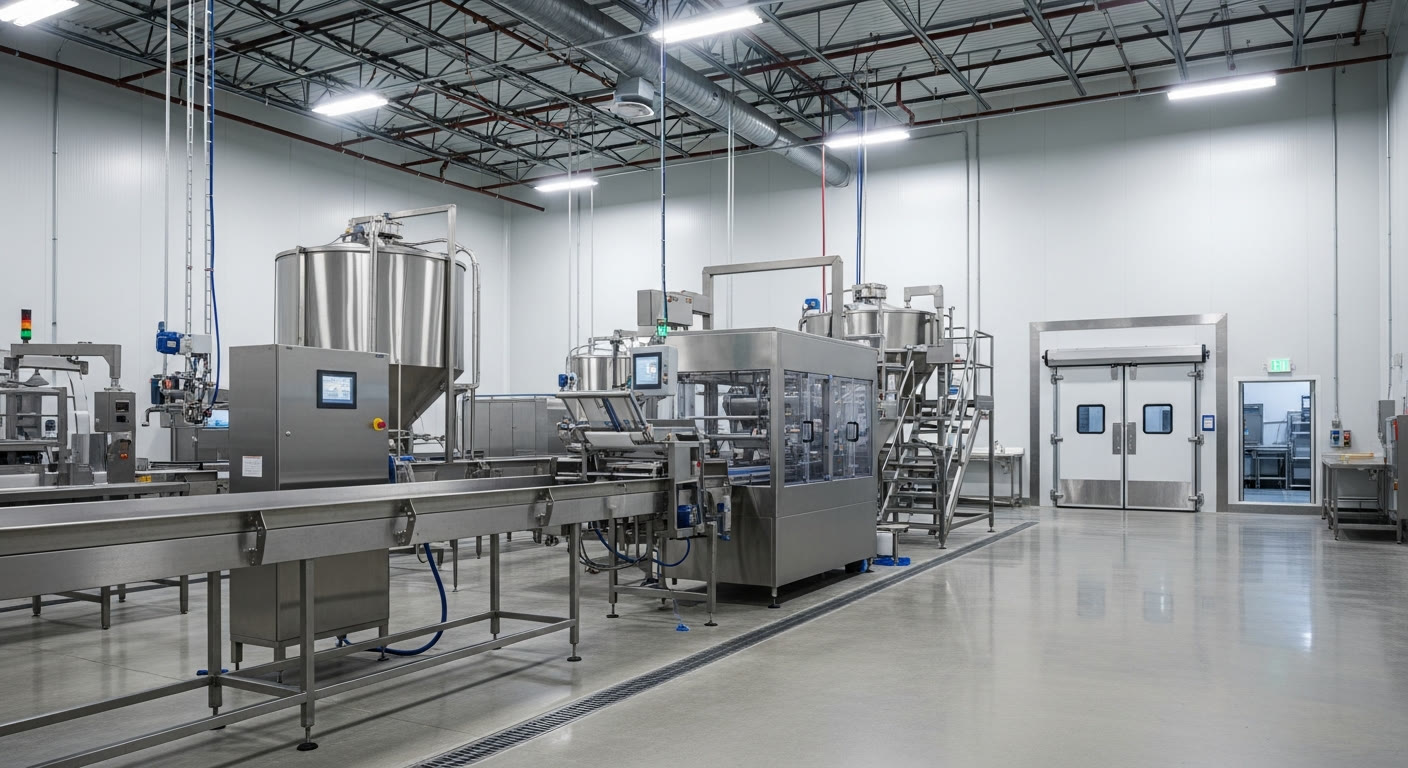 Interior of a modern, clean American meat and food processing facility with stainless-steel equipment, a packaging line, and refrigerated cold storage — a capital-investment expansion and equipment-modernization project of the kind funded under USDA MPPEP Phase 4