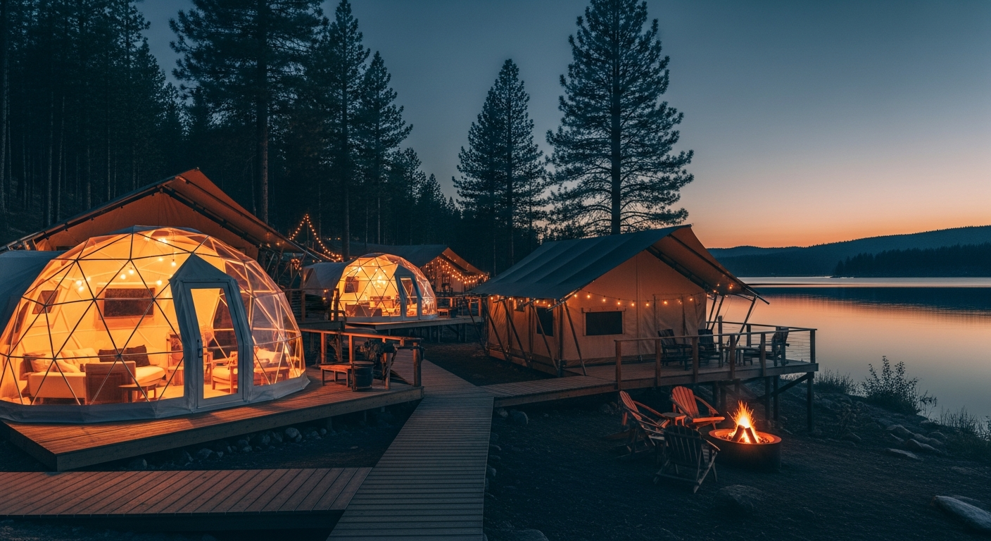 Dusk view of an upscale glamping resort with geodesic domes and safari-style canvas cabins, warm interior lighting, fire pits, and a wooden boardwalk set among trees near a lake