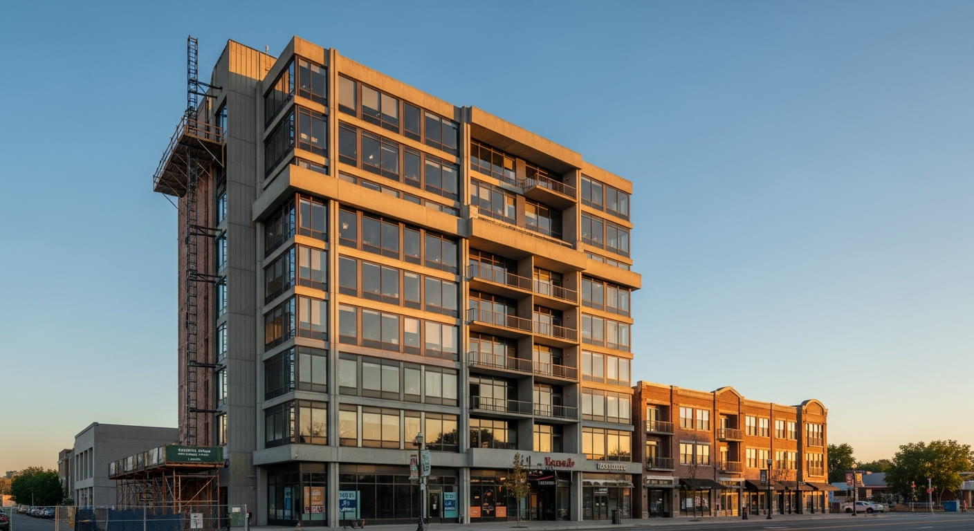 Older office tower being repositioned for adaptive reuse into apartments and mixed-use space