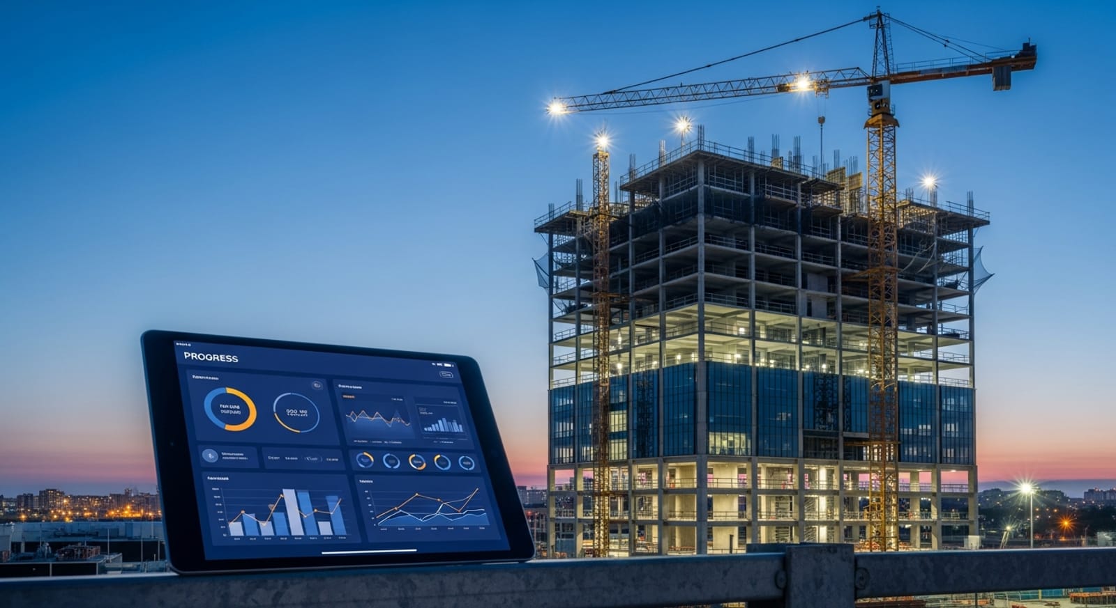 Commercial construction project at dusk with a progress dashboard, representing Wert-Berater quarterly project monitoring for developers and investors