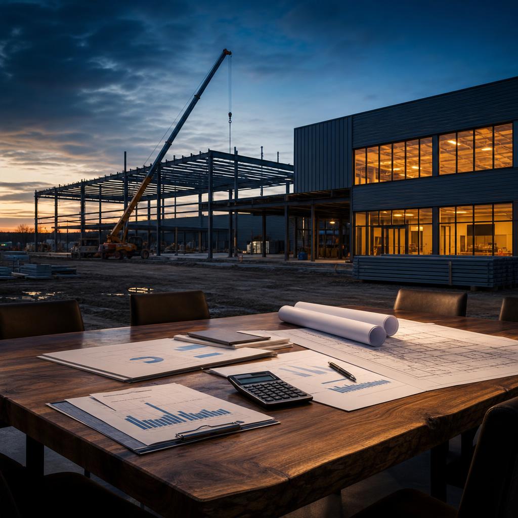 Small-business manufacturing facility under construction at dusk with steel framing and a crane, financial documents and blueprints on a conference table in the foreground