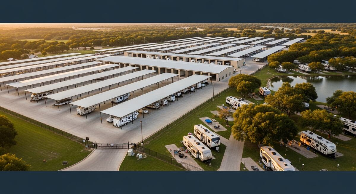 Aerial view of a Class-A covered and enclosed RV and boat storage facility beside a full-hookup RV park near a Texas Hill Country lake at golden hour