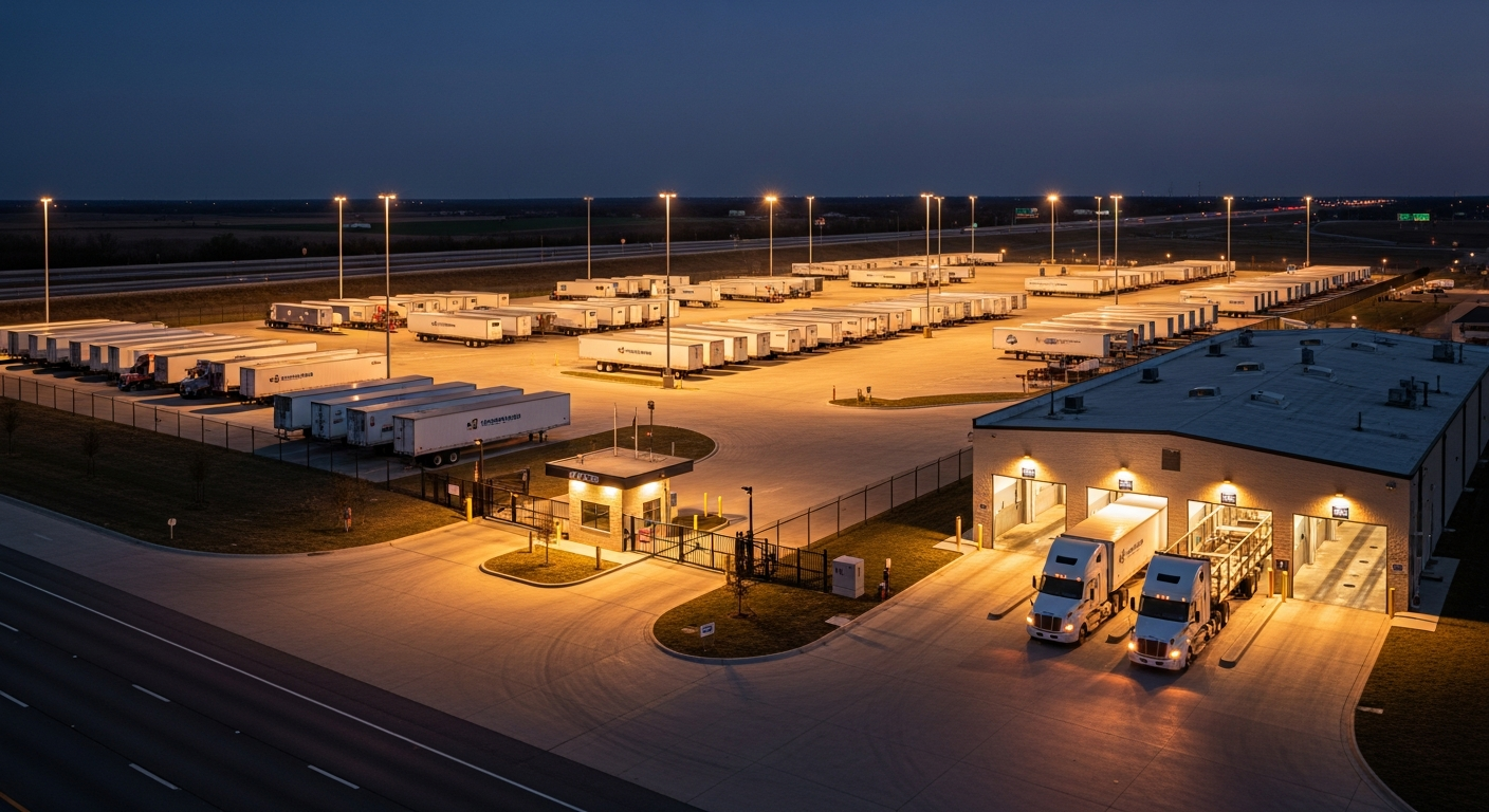 Aerial view at dusk of a secure commercial truck parking terminal with rows of trailers, a gated entry, and an adjacent multi-bay truck wash building