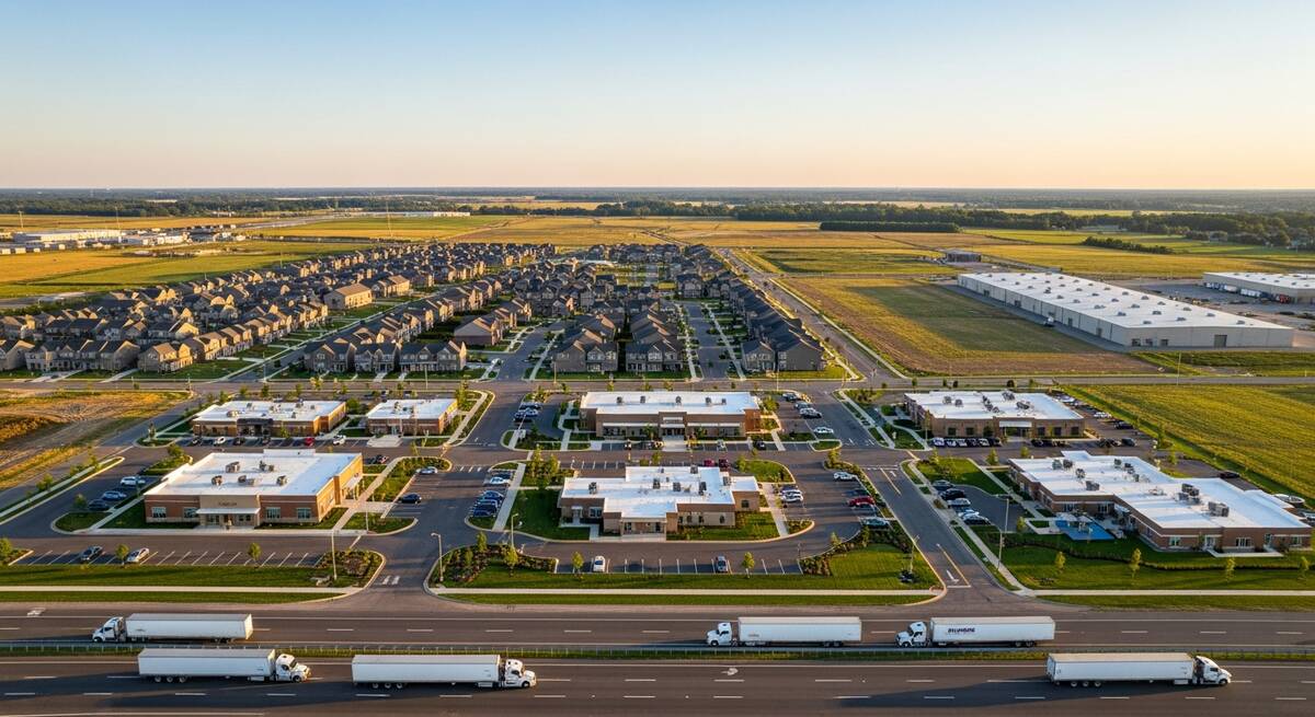 Aerial view of a growing American community at golden hour — new housing, a small commercial town center, a healthcare clinic, a logistics corridor with trucks, and open land ready for development