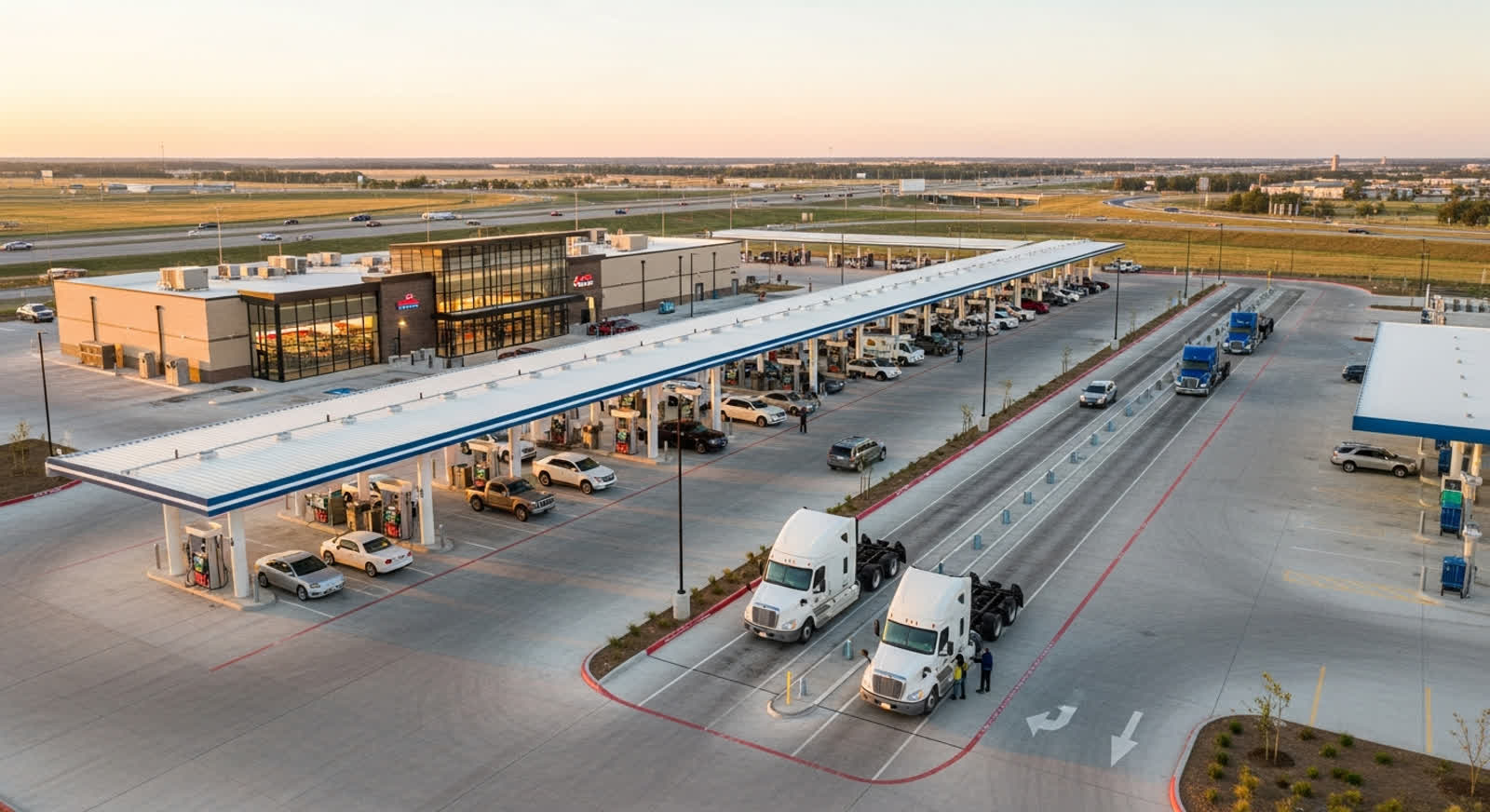 Aerial view at golden hour of a modern large-format American travel center with a long fueling canopy, high-speed diesel lanes, and a large glass convenience store along an interstate highway