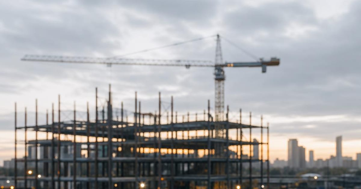 Printed financial statements and a calculator on a desk with a commercial construction site and tower crane beyond, representing project cost and market risk in 2026