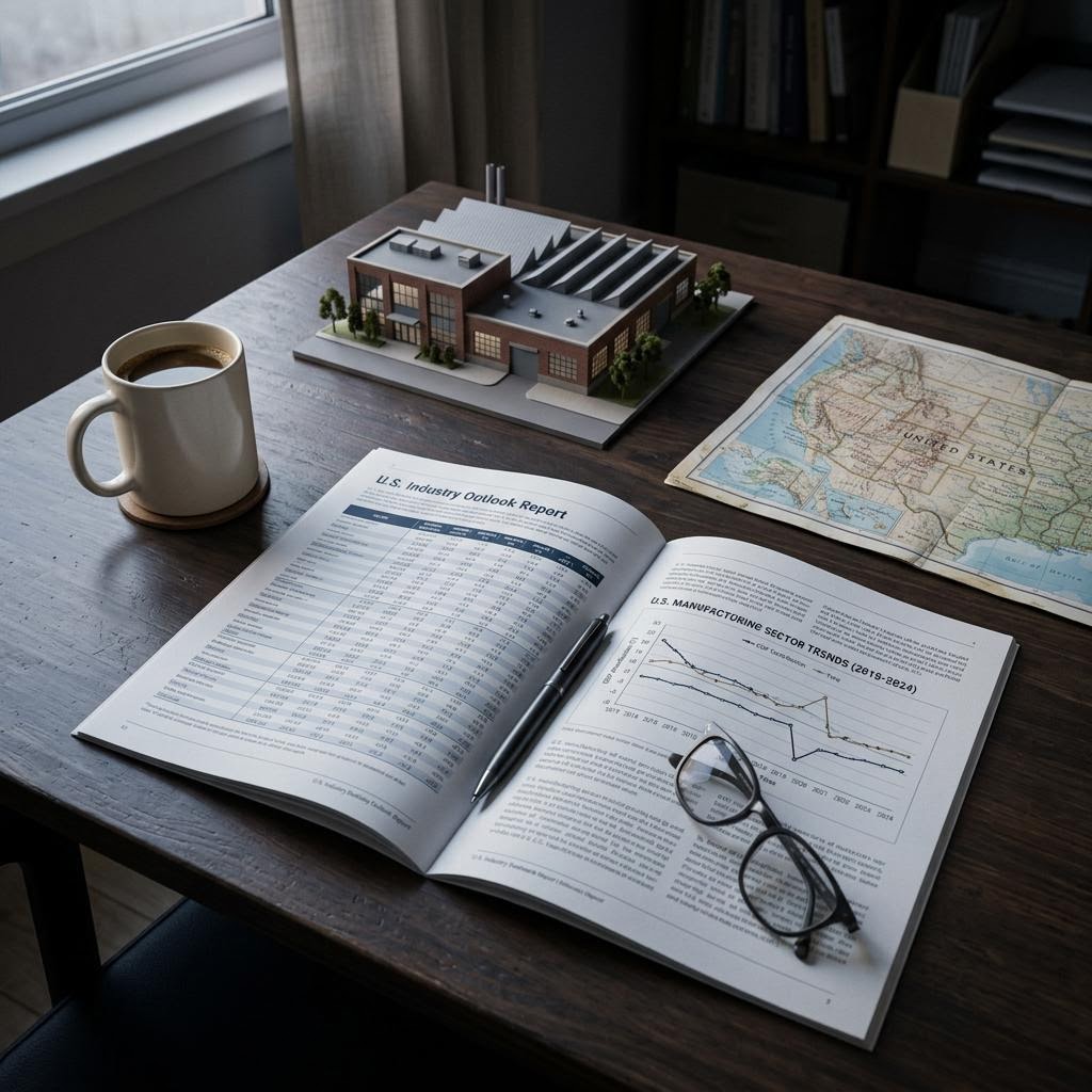 An analyst’s desk with a printed U.S. industry outlook report, a map of the United States and a model of an industrial building