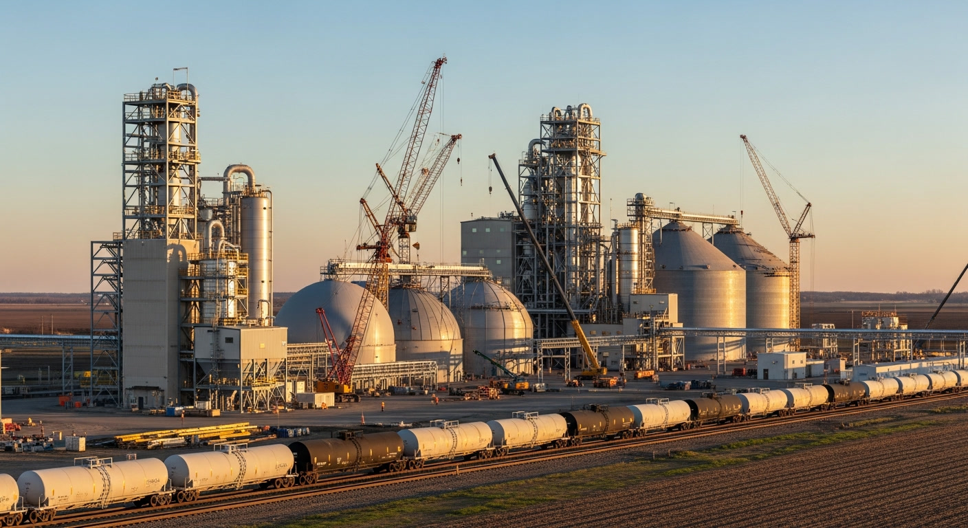 Golden-hour view of a modern American fertilizer production facility under construction with process towers, storage silos, tower cranes, and a rail spur surrounded by farmland — a capital-intensive domestic manufacturing project financed with matching funds