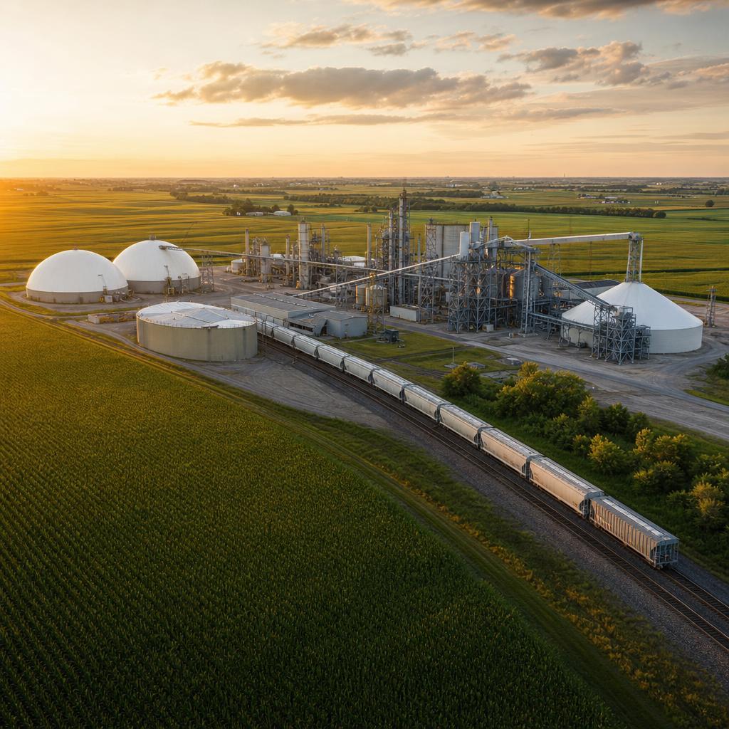 USDA FIELDS Program fertilizer manufacturing facility — aerial view of storage domes and rail cars beside American corn fields