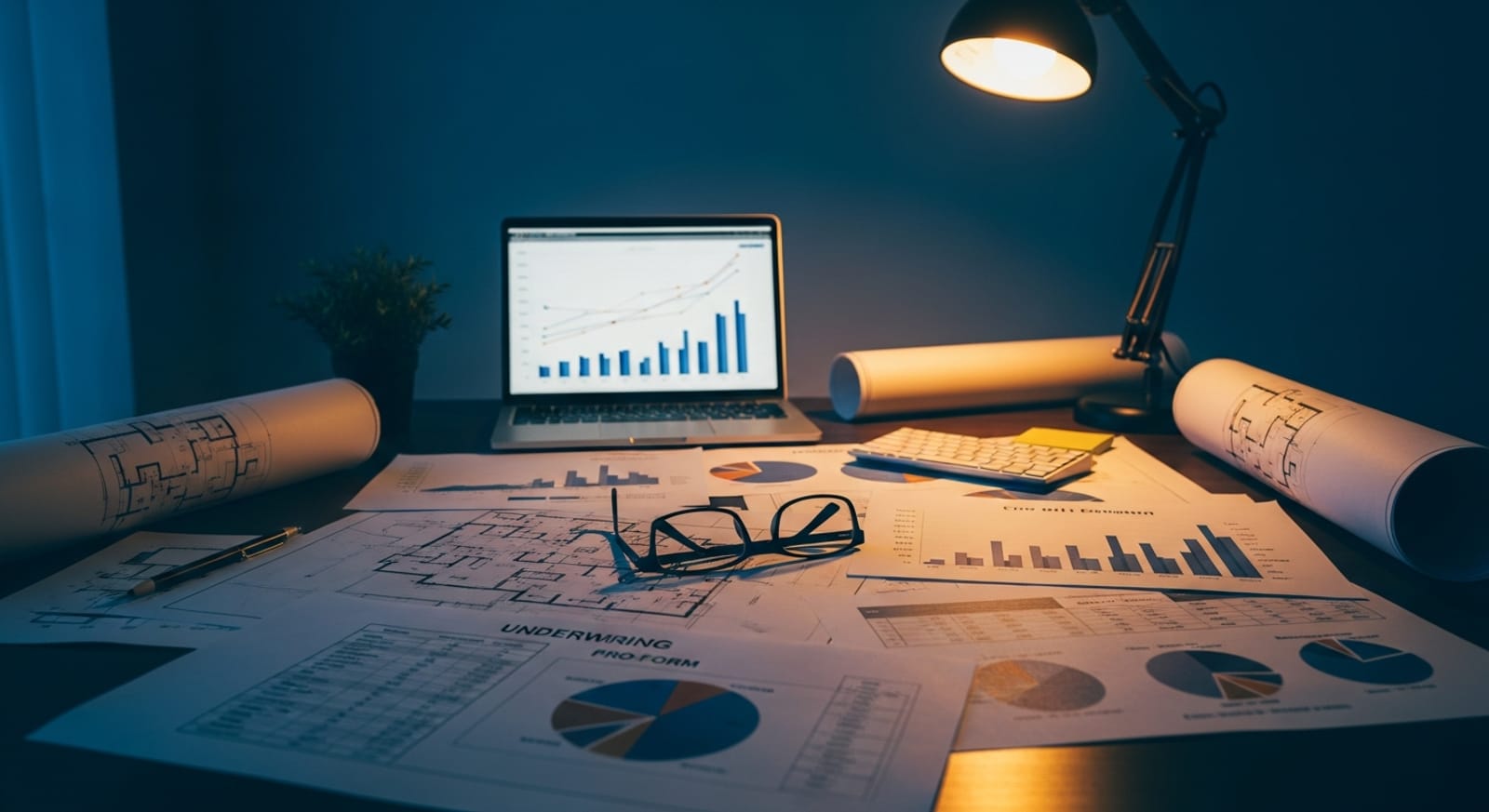 Underwriting review desk with architectural plans, pro-forma tables, and financial charts representing a lender- and investor-facing feasibility study