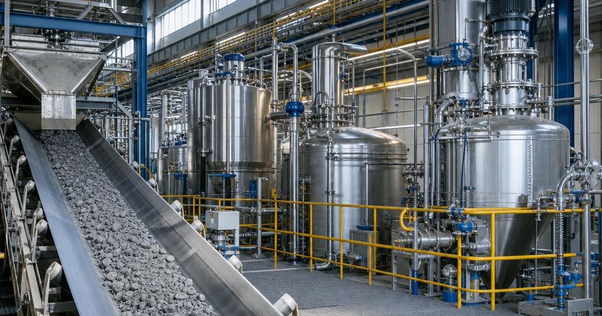 Separation and refining vessels inside a critical-mineral processing plant — recovery, throughput and cost assumptions tested in a bankable feasibility study