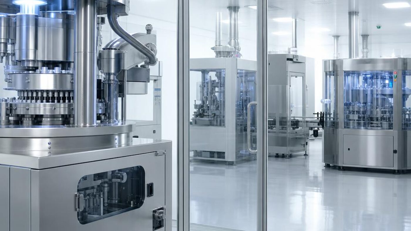 cGMP production suite behind clean-room glass — dosage-form manufacturing modeled for export-oriented plants