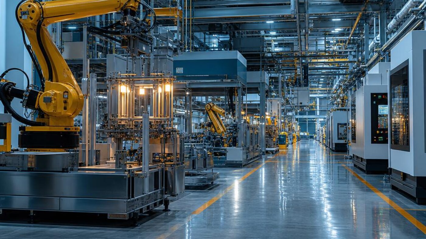 Automated production line inside a modern manufacturing plant — capacity, utilization and cost structure modeled in the feasibility study