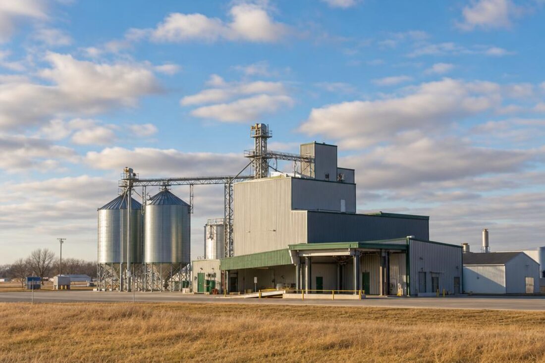 Upper Midwest fertilizer pelleting plant with silos and farm fields