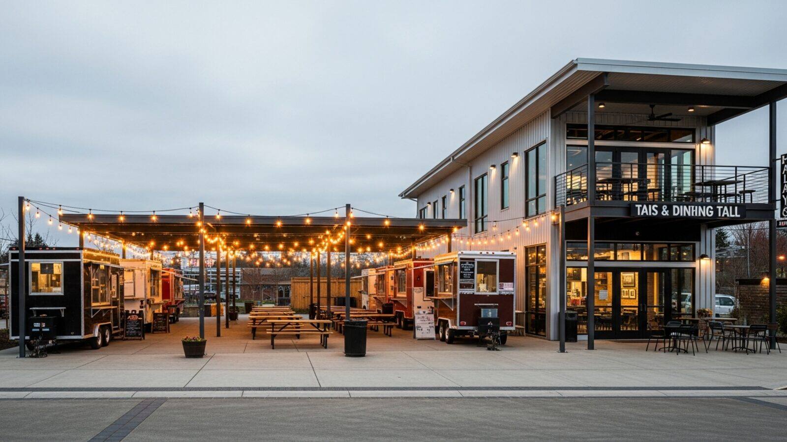 Food-cart pod and taproom dining hall
