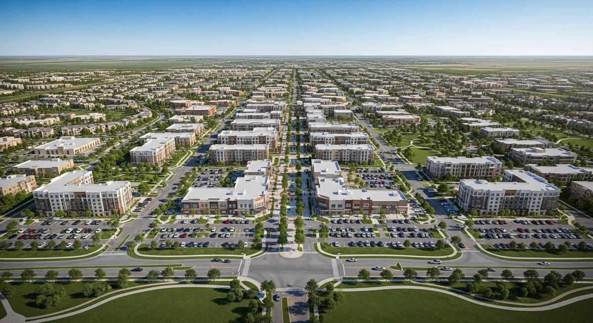 Aerial view of a large master-planned community development in South Texas with new residential neighborhoods, a commercial town center, parks, and boulevards