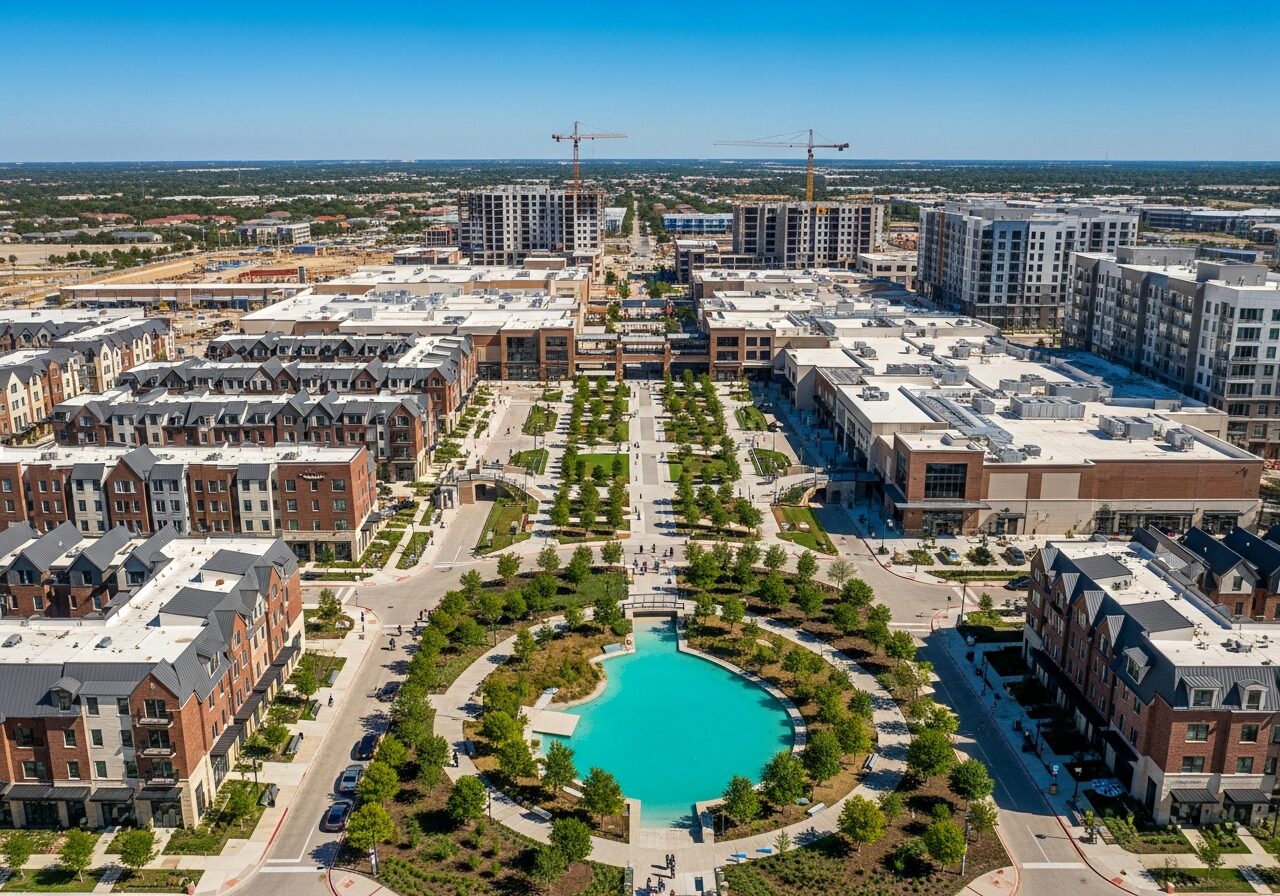 Aerial view of a modern open-air mixed-use district with brownstone townhomes, a central park with a crystal lagoon, and a retail promenade, representing an adaptive reuse of a former regional mall
