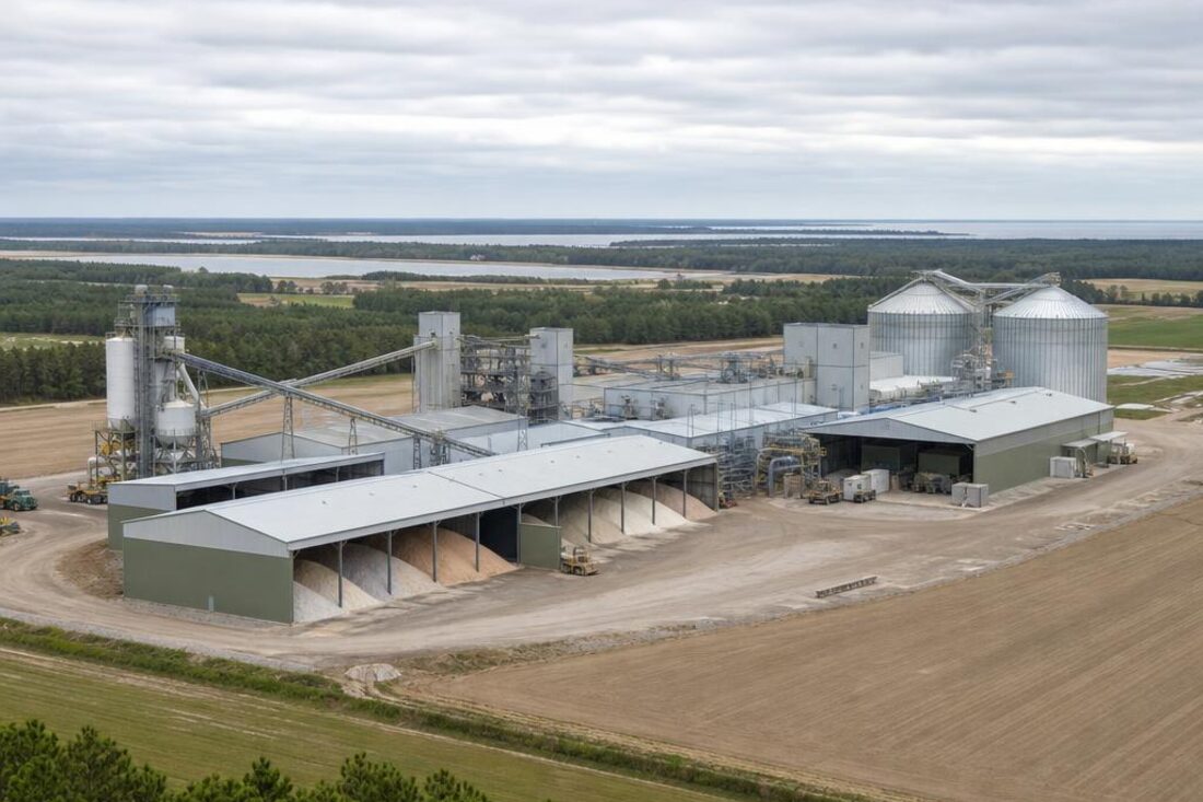 Rural fertilizer manufacturing plant with storage silos and farmland