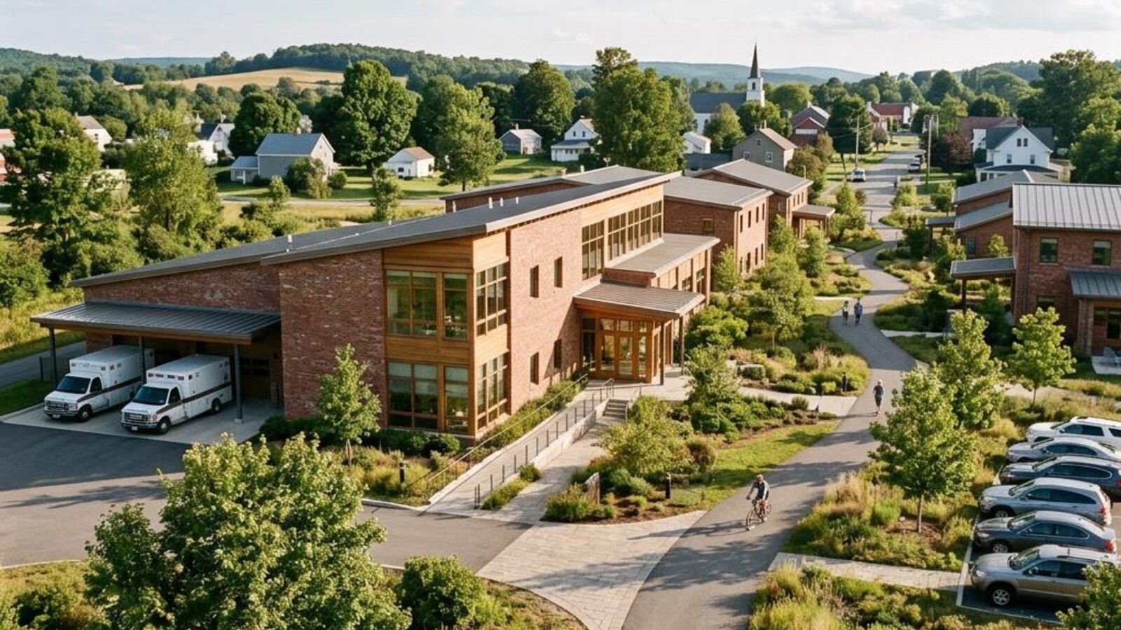 Illustrative rural community healthcare campus with a clinic building and parking