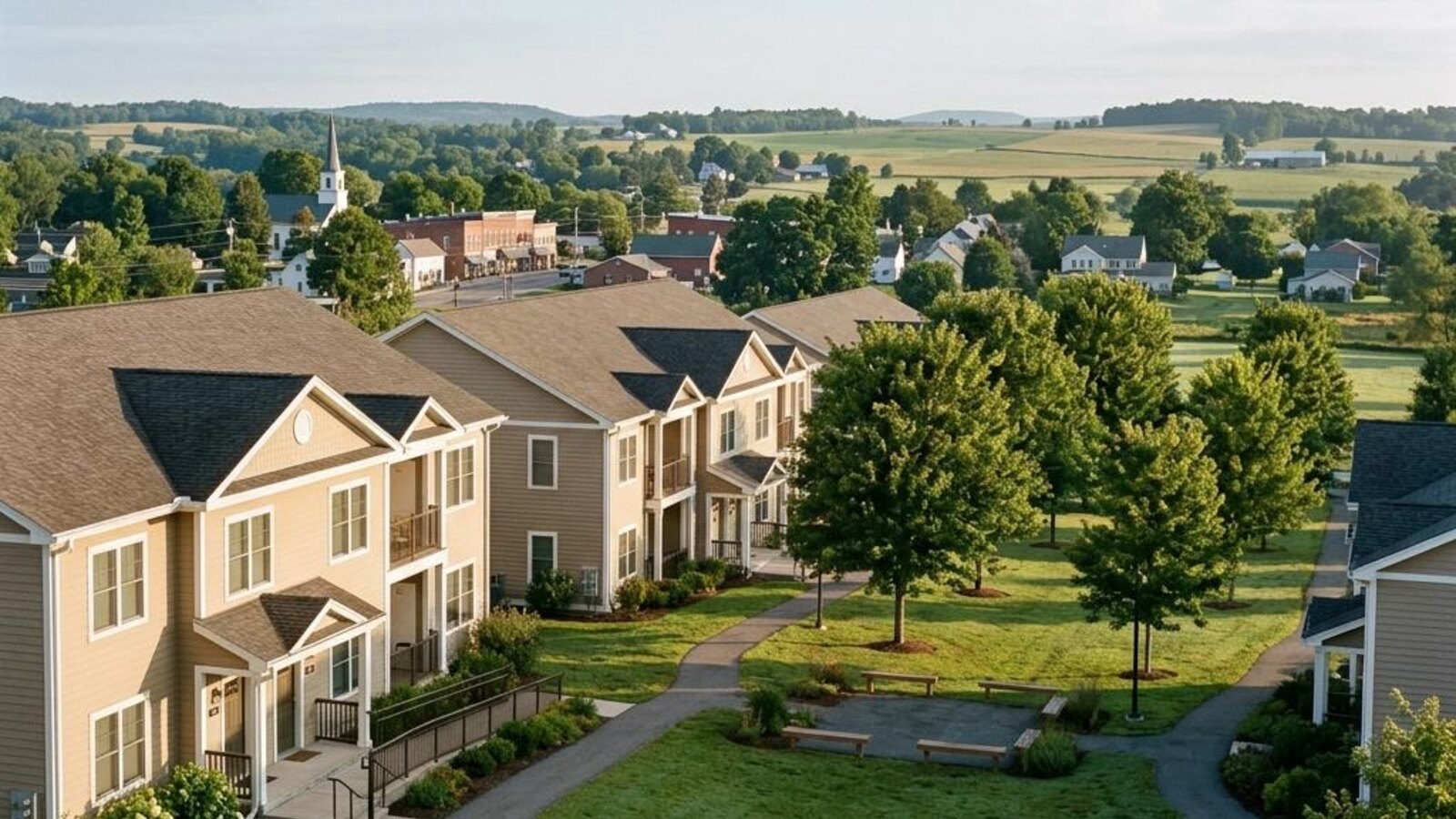 Illustrative rural apartment community of low-rise residential buildings