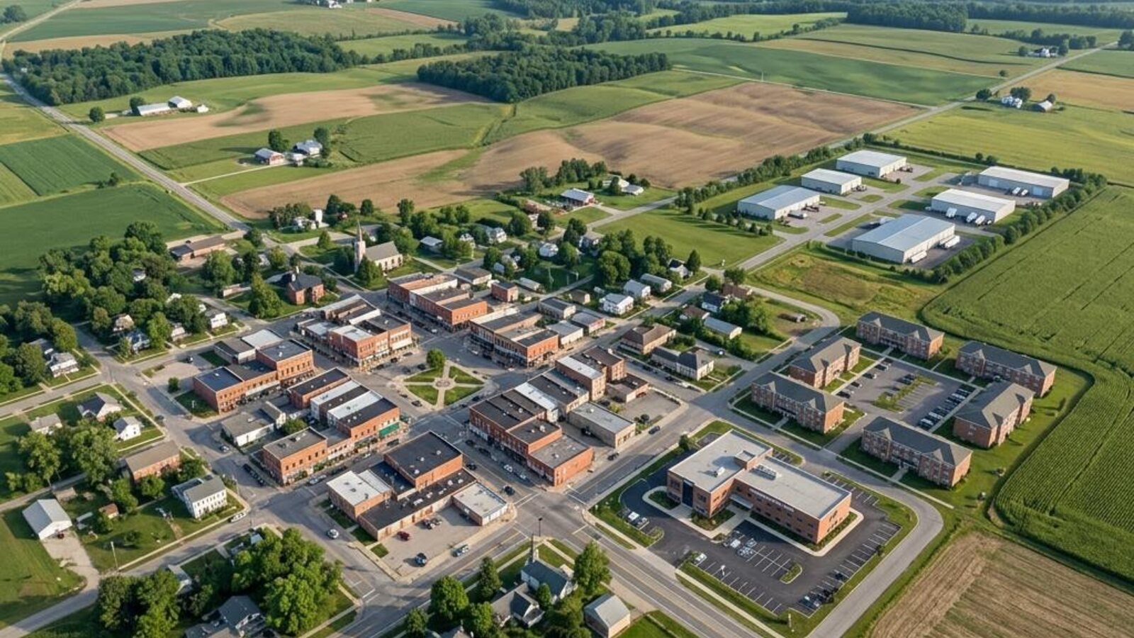 Illustrative aerial view of a small rural town with a brick main street, apartment buildings, a clinic and light industrial buildings bordered by farmland