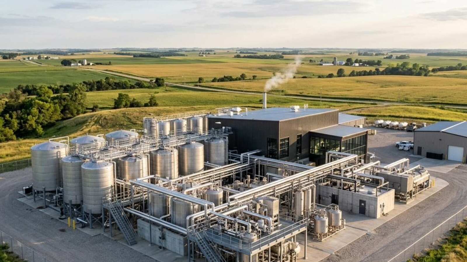 Illustrative biorefinery processing facility with tanks and piping beside agricultural land